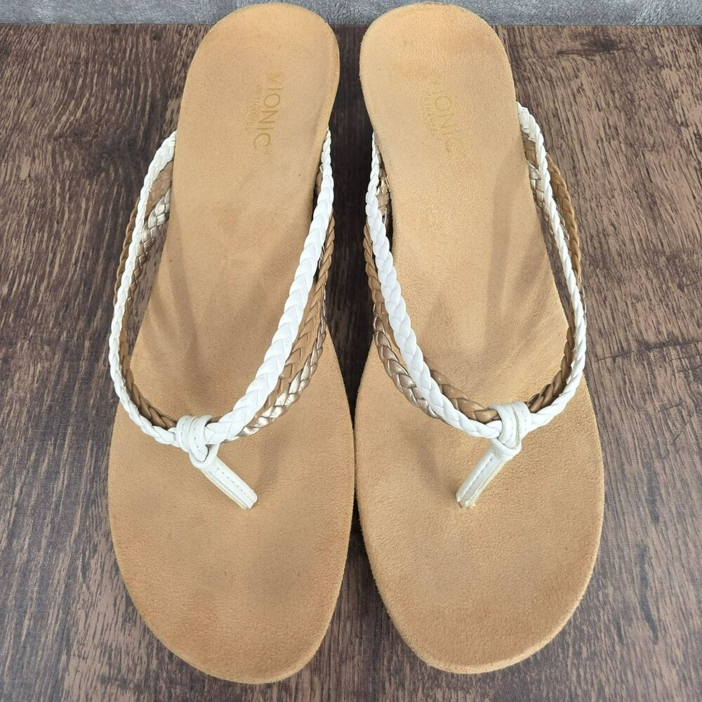 Vionic Ramba Wedge Heels 11 White Tan Metallic Gold Braided Thong Straps Beachy - Picture 10 of 13